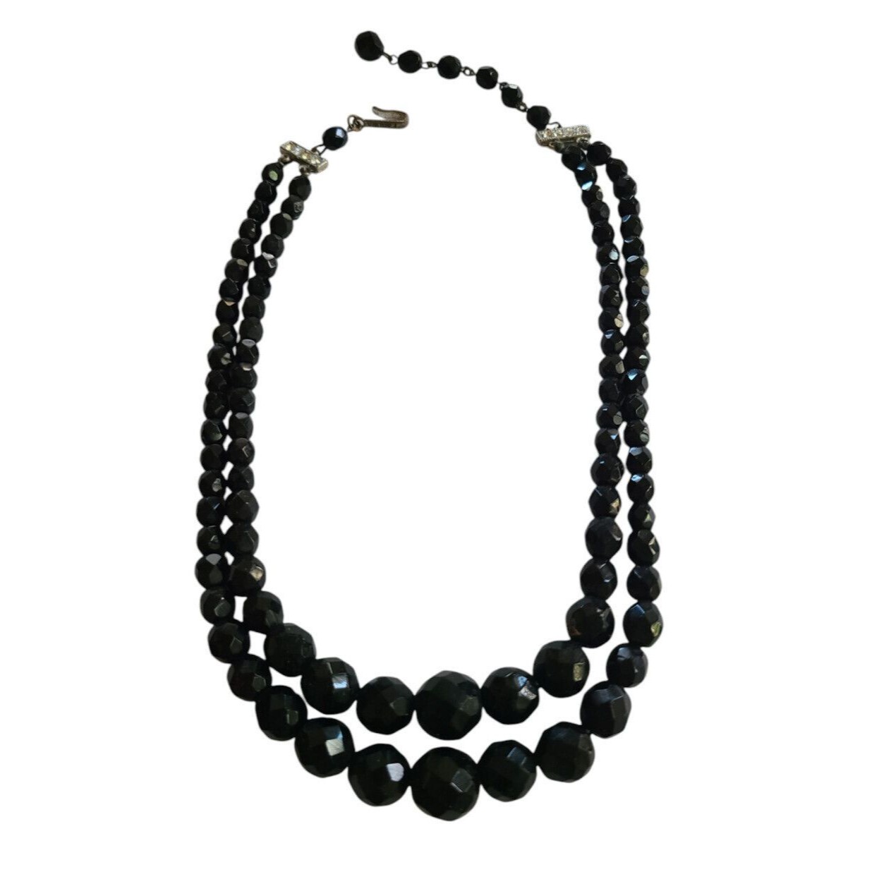 Vintage Signed Laguna Double Strand Black Glass Faceted Beaded Necklace 12$